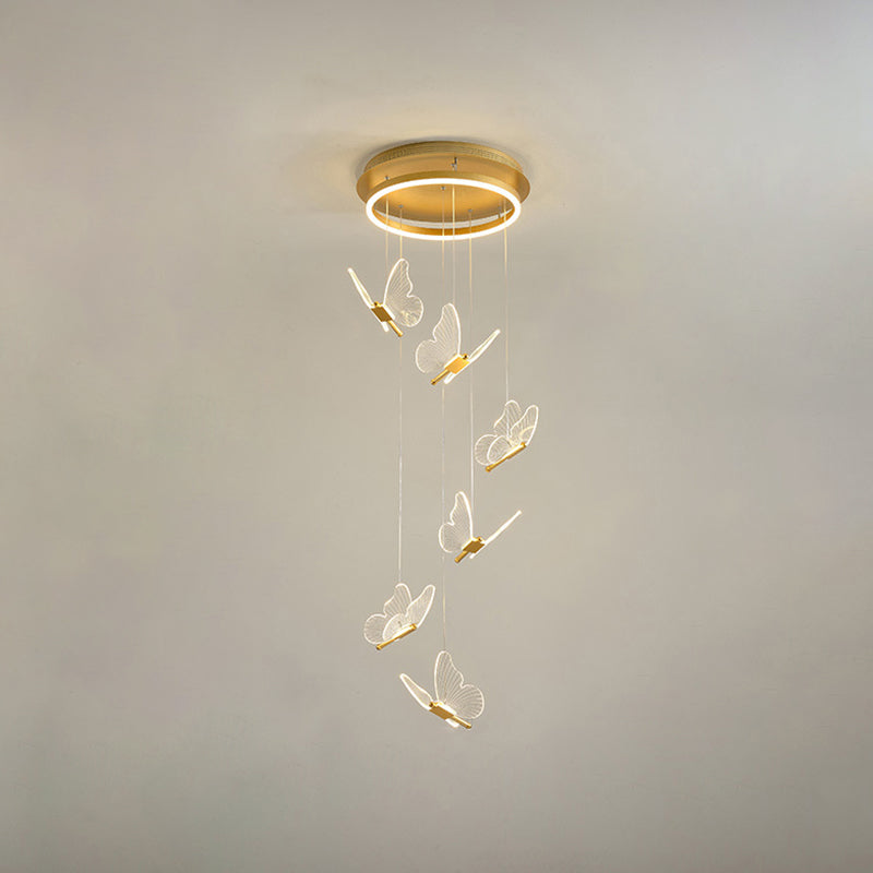 Butterfly Spiral Stairs Ceiling Lighting Acrylic Modern LED Multi-Light Pendant in Gold Clearhalo 'Ceiling Lights' 'Modern Pendants' 'Modern' 'Pendant Lights' 'Pendants' Lighting' 2592872