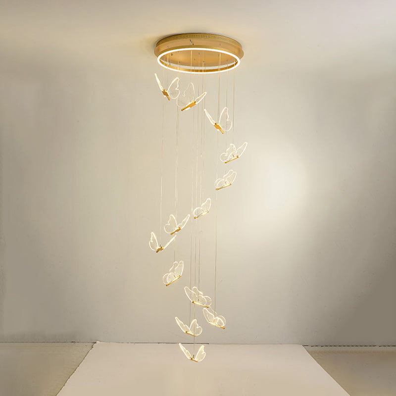 Butterfly Spiral Stairs Ceiling Lighting Acrylic Modern LED Multi-Light Pendant in Gold 6 Gold Clearhalo 'Ceiling Lights' 'Modern Pendants' 'Modern' 'Pendant Lights' 'Pendants' Lighting' 2592853