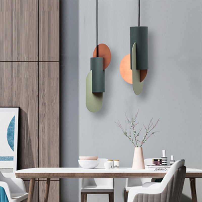 Taavita Geometric Color Blocks 1-Light Pendant Lighting Macaron Metal Pink Green Gray Ceiling Light