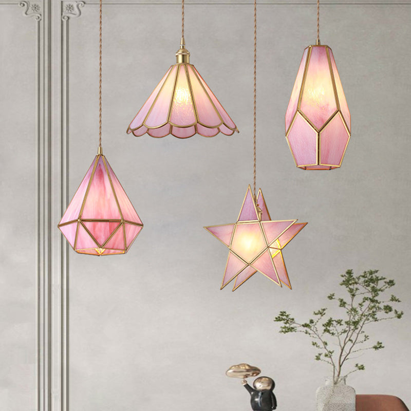 Taavita Style Hanging Lighting Treatment - Shaded Glass Hanging Pendant with Brass Canopy