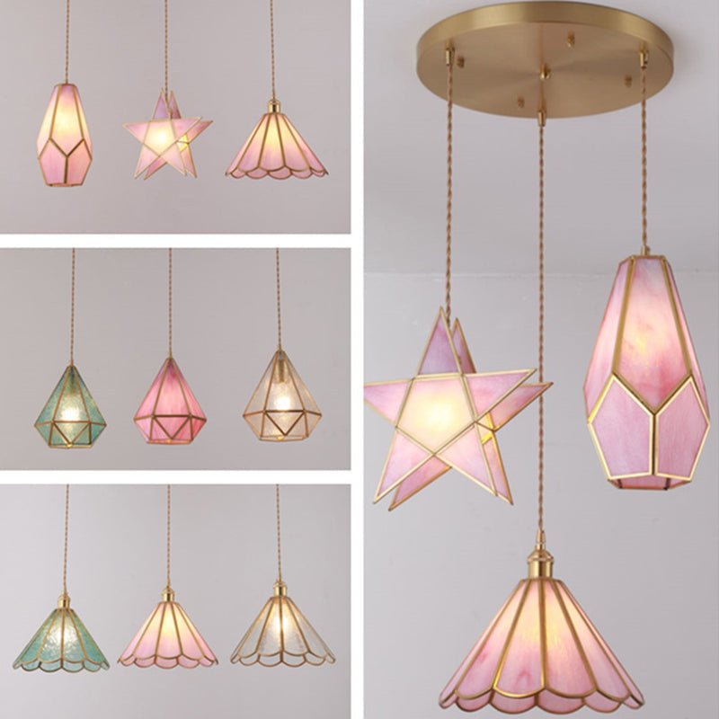 Taavita Style Hanging Lighting Treatment - Shaded Glass Hanging Pendant with Brass Canopy