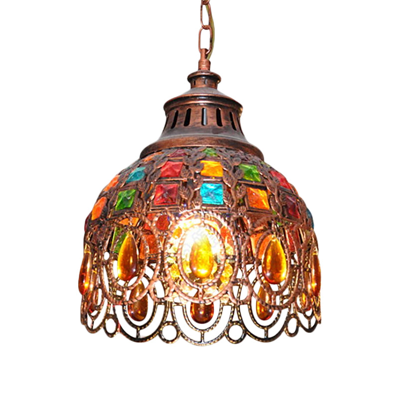 Taavita Domed Ceiling Pendant Light with Crystal Accent in Weathered Copper | Bohemia Style 1 Light Hanging Bowl Fixture