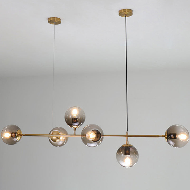 6 Light Modern Gold Metal Island Pendant Lighting with Spherical Smoke Glass for Dining Table Ceiling Light by Taavita