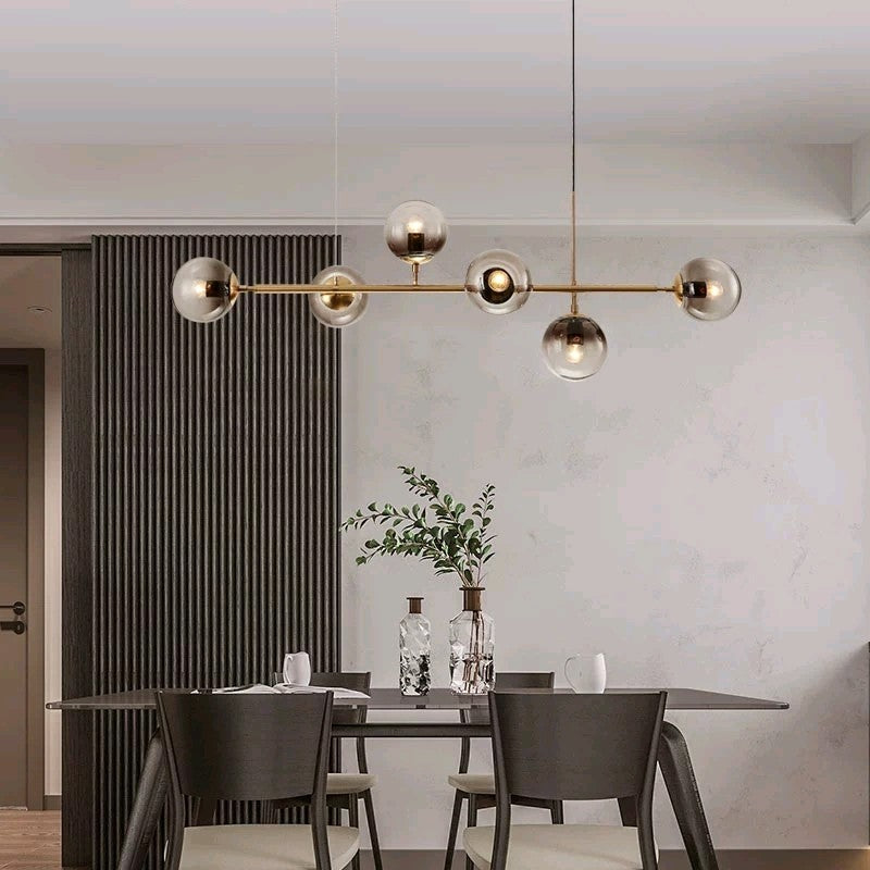 6 Light Modern Gold Metal Island Pendant Lighting with Spherical Smoke Glass for Dining Table Ceiling Light by Taavita