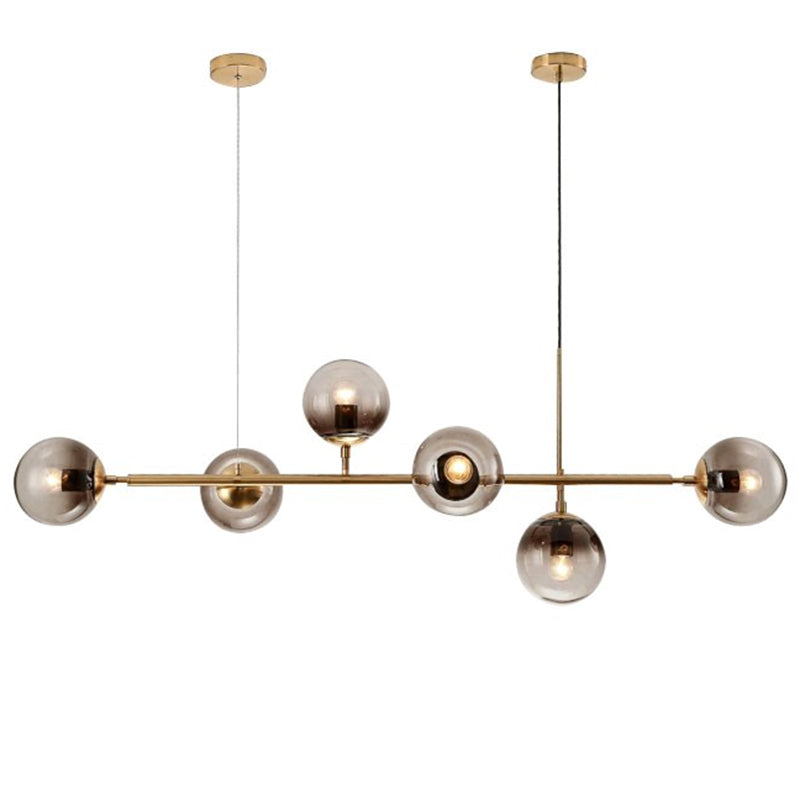 6 Light Modern Gold Metal Island Pendant Lighting with Spherical Smoke Glass for Dining Table Ceiling Light by Taavita