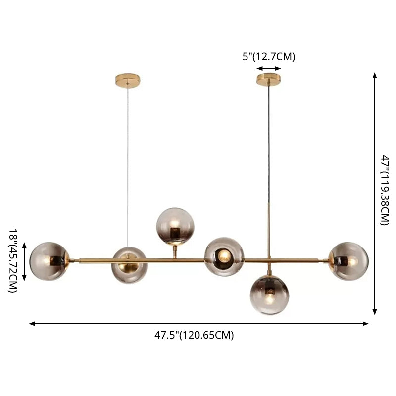 6 Light Modern Gold Metal Island Pendant Lighting with Spherical Smoke Glass for Dining Table Ceiling Light by Taavita