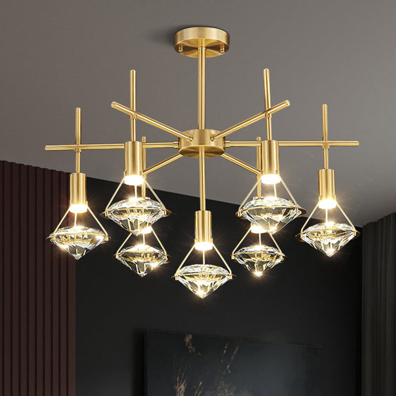 Crystal Diamond Island Lighting Postmodern Gold Finish LED Pendant Light Fixture 7 Gold Round Clearhalo 'Ceiling Lights' 'Island Lights' 'Lighting' 2612458