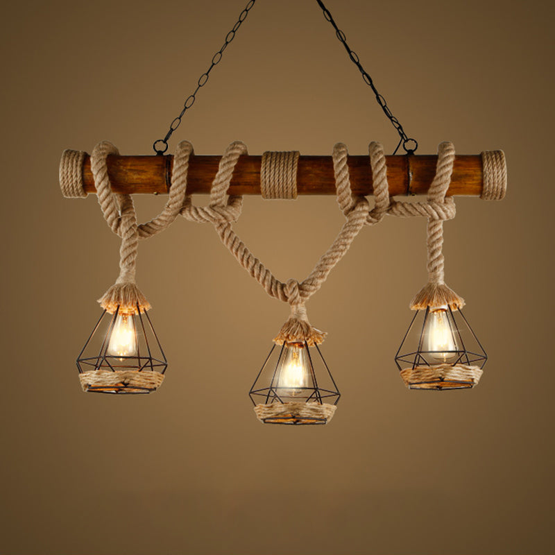 3-Light Beige Shaded Hemp Rope Island Pendant Suspension Light for Taavita Restaurant