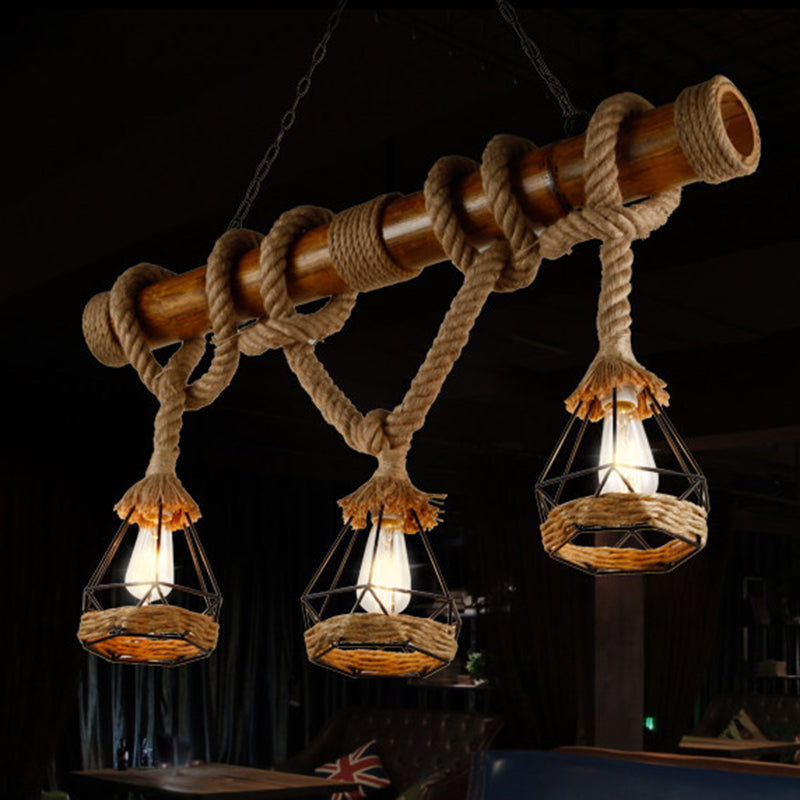 3-Light Beige Shaded Hemp Rope Island Pendant Suspension Light for Taavita Restaurant