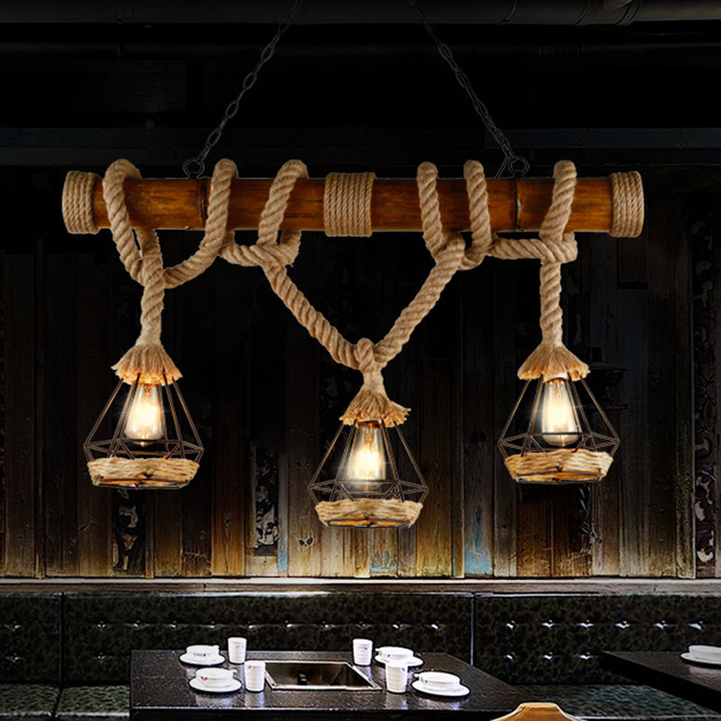 3-Light Beige Shaded Hemp Rope Island Pendant Suspension Light for Taavita Restaurant