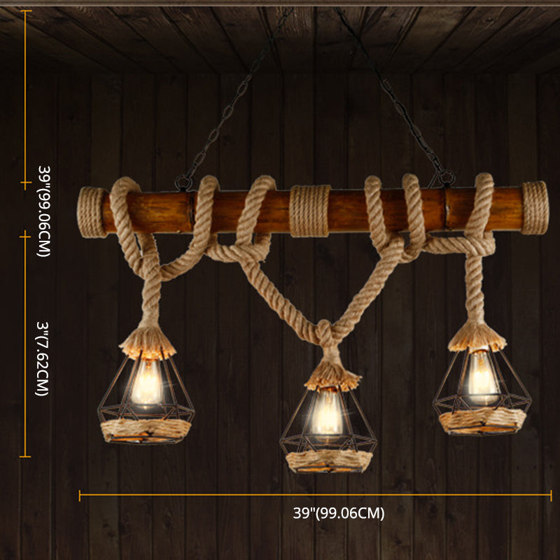 3-Light Beige Shaded Hemp Rope Island Pendant Suspension Light for Taavita Restaurant