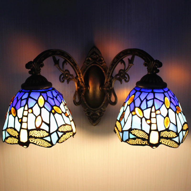 Tiffany Vanity Lamp 2 Lights Dragonfly Vanity Wall Sconce with Multi-Color for Mirror Cabinet Clearhalo 'Vanity Lights' 'Wall Lights' Lighting' 2617339