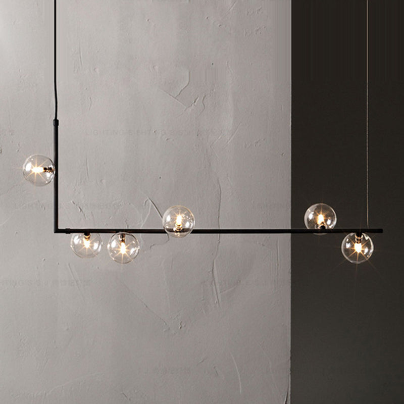 Modern Minimalism Black Linear 6 Light Island Pendant Ceiling Light with Clear Glass Spheres for Living Room