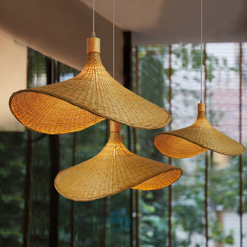 Beige Rattan Hanging Lamp Kit Taavita 1-Light Straw Hat Shape Ceiling Pendant Light for Dining Table