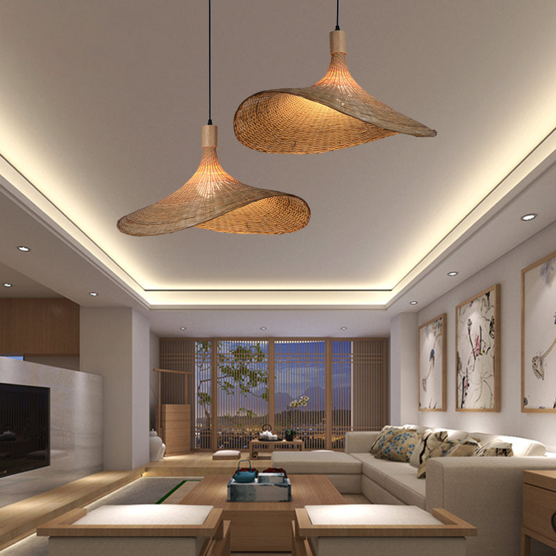 Beige Straw Hat Shape Hanging Lamp Kit Asian 1-Light Rattan Ceiling Pendant Light for Dining Table Clearhalo 'Ceiling Lights' 'Pendant Lights' 'Pendants' Lighting' 2628982