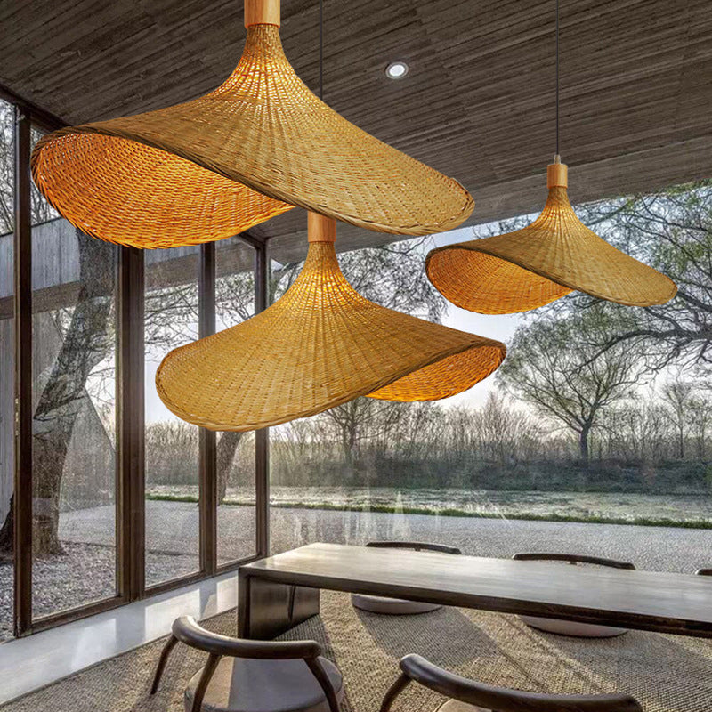 Beige Rattan Hanging Lamp Kit Taavita 1-Light Straw Hat Shape Ceiling Pendant Light for Dining Table