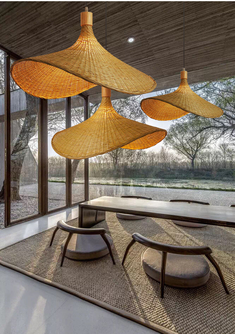 Beige Rattan Hanging Lamp Kit Taavita 1-Light Straw Hat Shape Ceiling Pendant Light for Dining Table