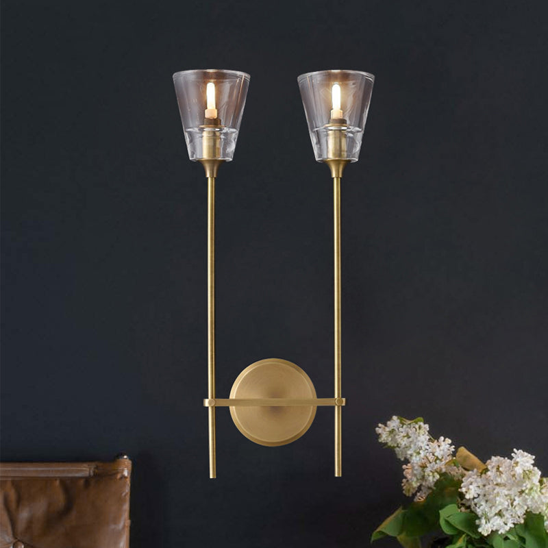 Black/Brass Finish Pencil Arm Wallchiere Vintage Metallic 1/2 Bulbs Wall Lamp with Clear Tapered Glass Shade Clearhalo 'Wall Lamps & Sconces' 'Wall Lights' Lighting' 264434