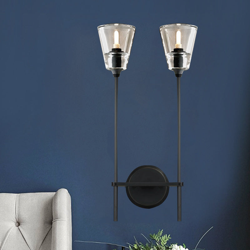 Black/Brass Finish Pencil Arm Wallchiere Vintage Metallic 1/2 Bulbs Wall Lamp with Clear Tapered Glass Shade Clearhalo 'Wall Lamps & Sconces' 'Wall Lights' Lighting' 264416