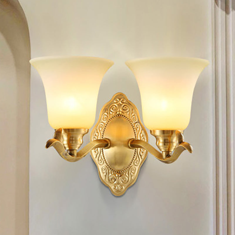 Traditional Bell Shade Wall Light Fixture 1/2-Light Frosted Glass Sconce Lamp with Golden Metallic Arm Clearhalo 'Wall Lamps & Sconces' 'Wall Lights' Lighting' 270181