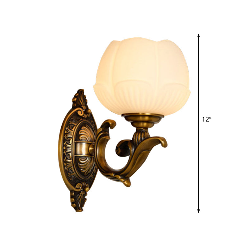 Lotus Shade Indoor Sconce Light Fixture Vintage White Glass and Metal 1 Light Brass Finish Wall Lamp Clearhalo 'Wall Lamps & Sconces' 'Wall Lights' Lighting' 275380