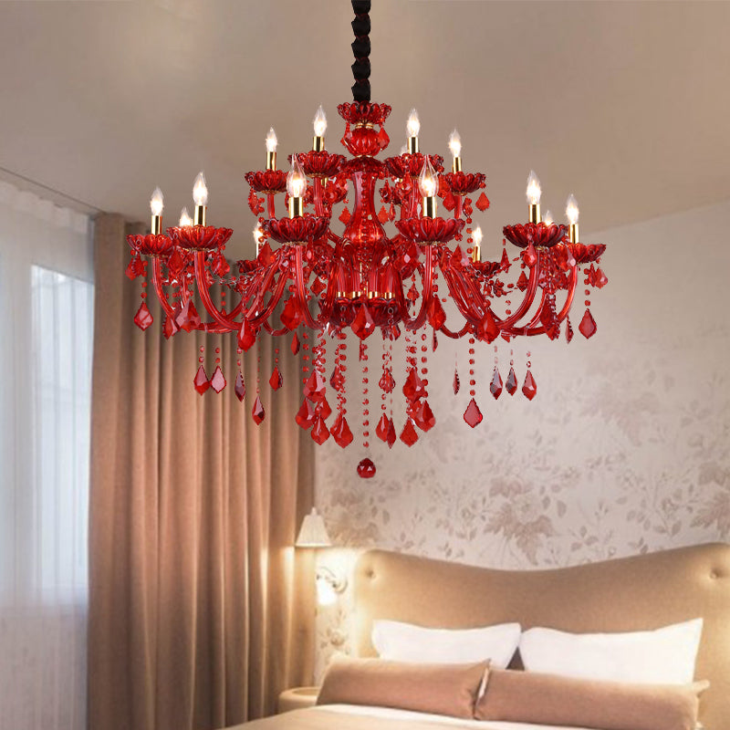 Crystal Candle/Bell Chandelier Lighting Modern 6/18 Lights Red Hanging Pendant with Shade/Shadeless, 23.5"/37.5" Wide Red 23.5" Shadeless Clearhalo 'Ceiling Lights' 'Chandeliers' 'Modern Chandeliers' 'Modern' Lighting' 280493