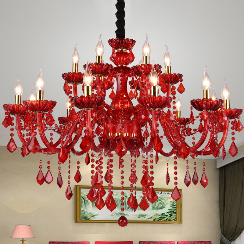 Modern Taavita Candle/Chandelier Lighting 6/18 Lights Red Hanging Pendant with Shade, 23.5" / 37.5" Wide, 20.5" / 29.5" Cord Height, Round Canopy Shape