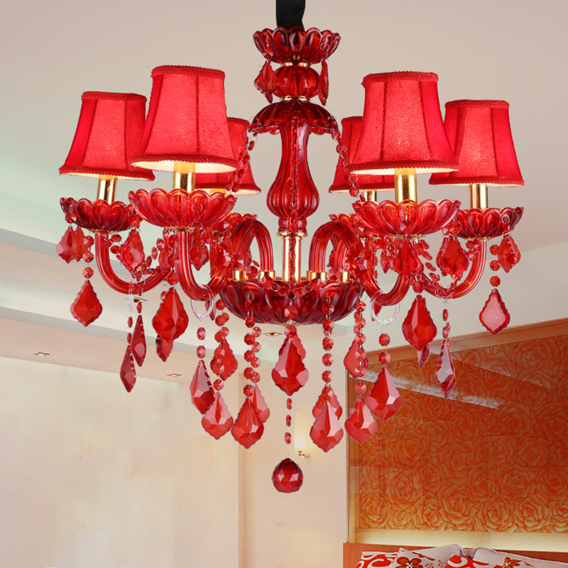 Crystal Candle/Bell Chandelier Lighting Modern 6/18 Lights Red Hanging Pendant with Shade/Shadeless, 23.5"/37.5" Wide Clearhalo 'Ceiling Lights' 'Chandeliers' 'Modern Chandeliers' 'Modern' Lighting' 280491