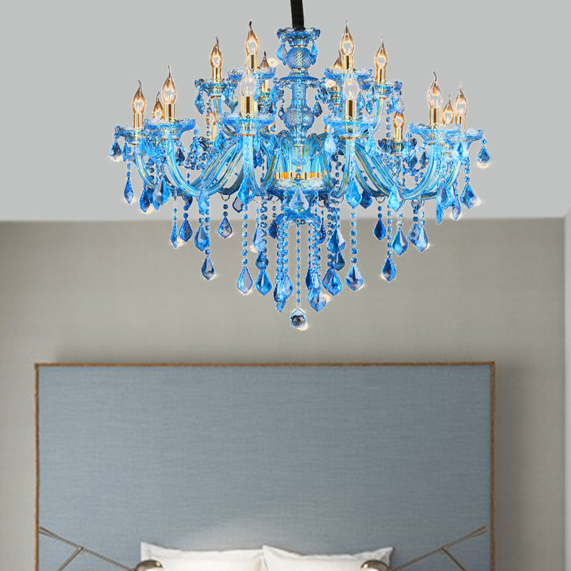 Blue Candelabra/Bell Chandelier Light Modernism 8/18 Heads Beveled Glass Crystal Pendant Lighting with Shade/Shadeless, 28"/37.5" W Blue 28" Shadeless Clearhalo 'Ceiling Lights' 'Chandeliers' 'Modern Chandeliers' 'Modern' Lighting' 280503