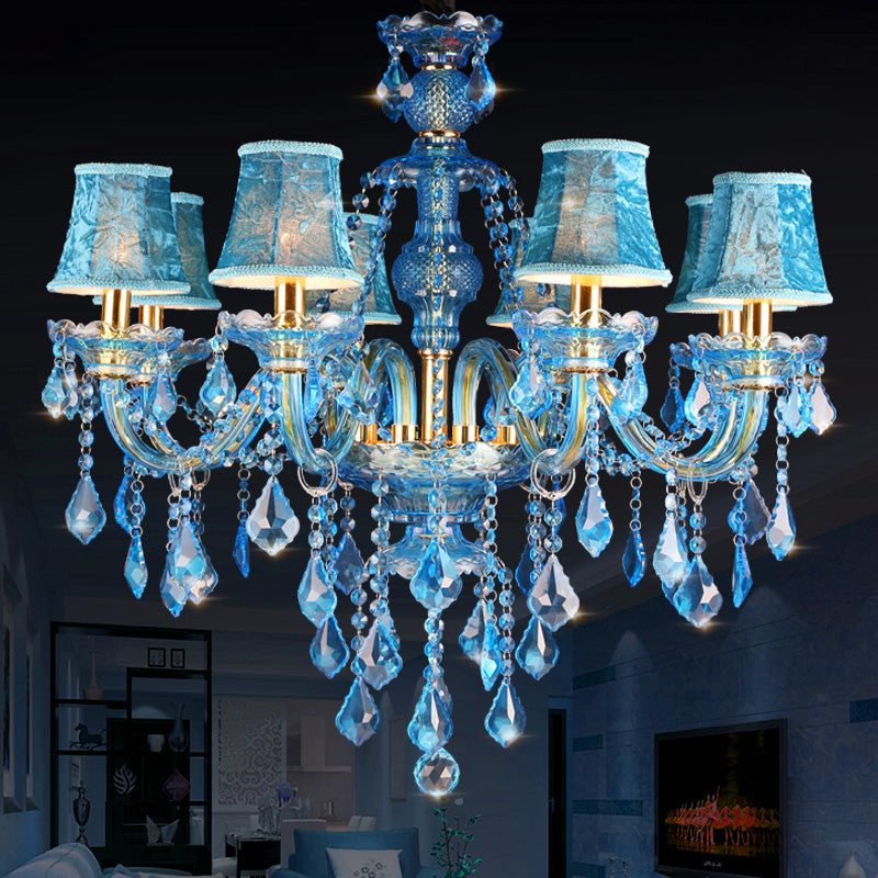 Blue Candelabra/Bell Chandelier Light Modernism 8/18 Heads Beveled Glass Crystal Pendant Lighting with Shade/Shadeless, 28"/37.5" W Clearhalo 'Ceiling Lights' 'Chandeliers' 'Modern Chandeliers' 'Modern' Lighting' 280504