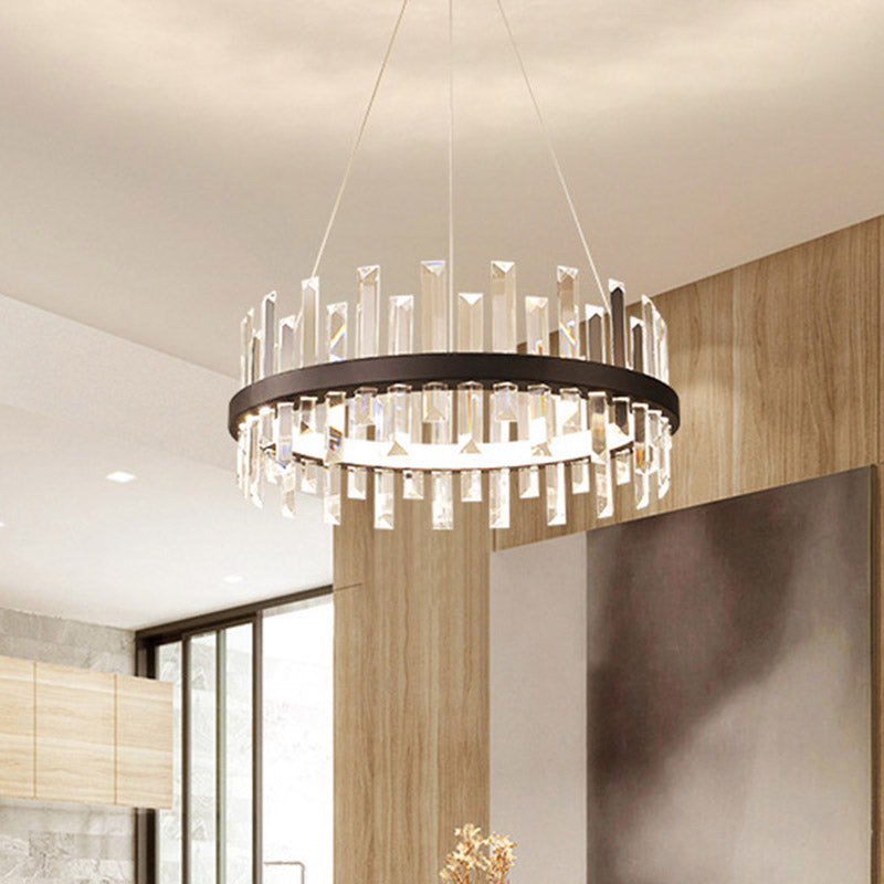 Modern Circular Pendant Ceiling Light with Rectangle-Cut Crystal - Black/White LED Chandelier Lamp in Warm Light, 23.5"/31.5" Wide