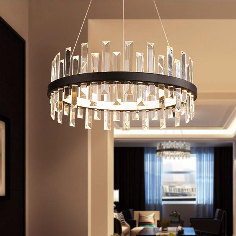 Circular Pendant Ceiling Light Modern Rectangle-Cut Crystal Black/White LED Chandelier Lamp in Warm Light, 23.5"/31.5" Wide Clearhalo 'Ceiling Lights' 'Chandeliers' 'Modern Chandeliers' 'Modern' Lighting' 280654