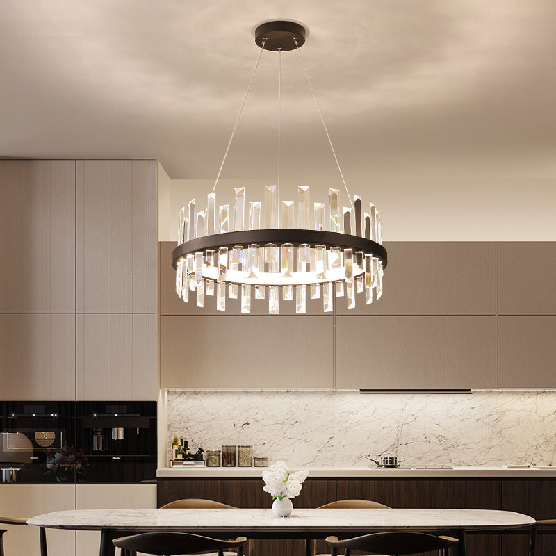 Modern Circular Pendant Ceiling Light with Rectangle-Cut Crystal - Black/White LED Chandelier Lamp in Warm Light, 23.5"/31.5" Wide