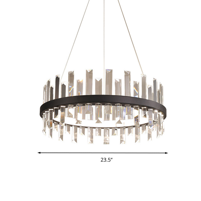 Modern Circular Pendant Ceiling Light with Rectangle-Cut Crystal - Black/White LED Chandelier Lamp in Warm Light, 23.5"/31.5" Wide