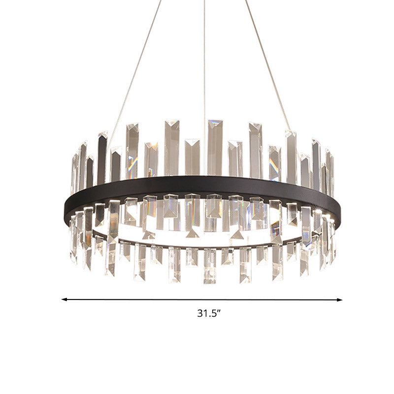 Modern Circular Pendant Ceiling Light with Rectangle-Cut Crystal - Black/White LED Chandelier Lamp in Warm Light, 23.5"/31.5" Wide