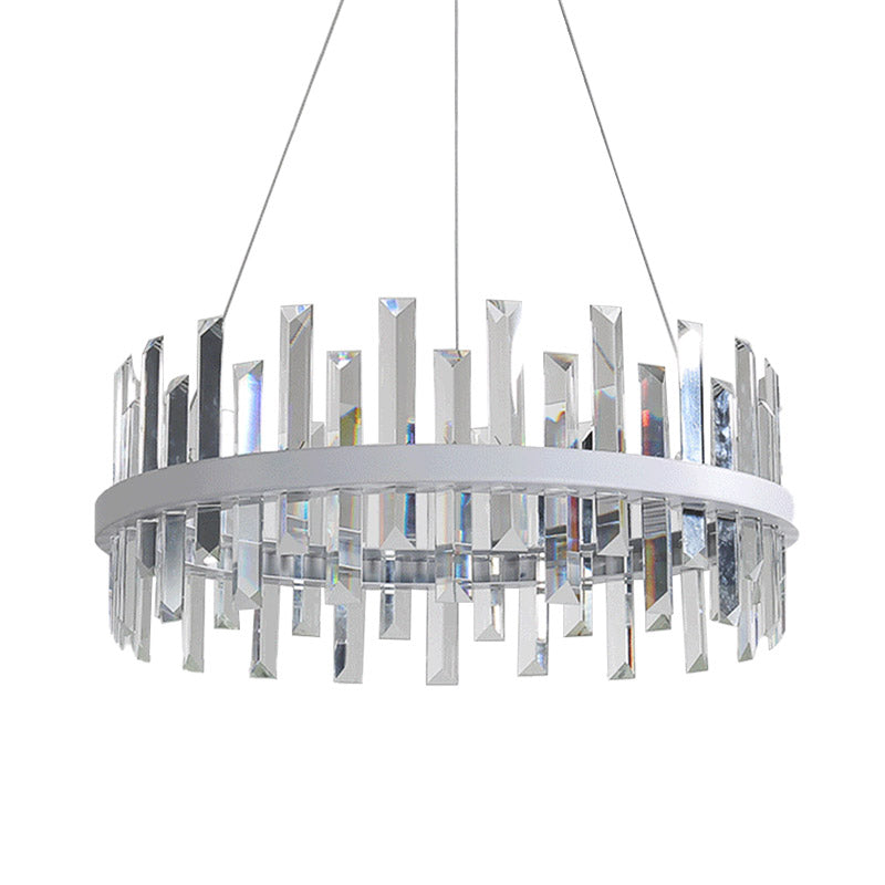 Modern Circular Pendant Ceiling Light with Rectangle-Cut Crystal - Black/White LED Chandelier Lamp in Warm Light, 23.5"/31.5" Wide