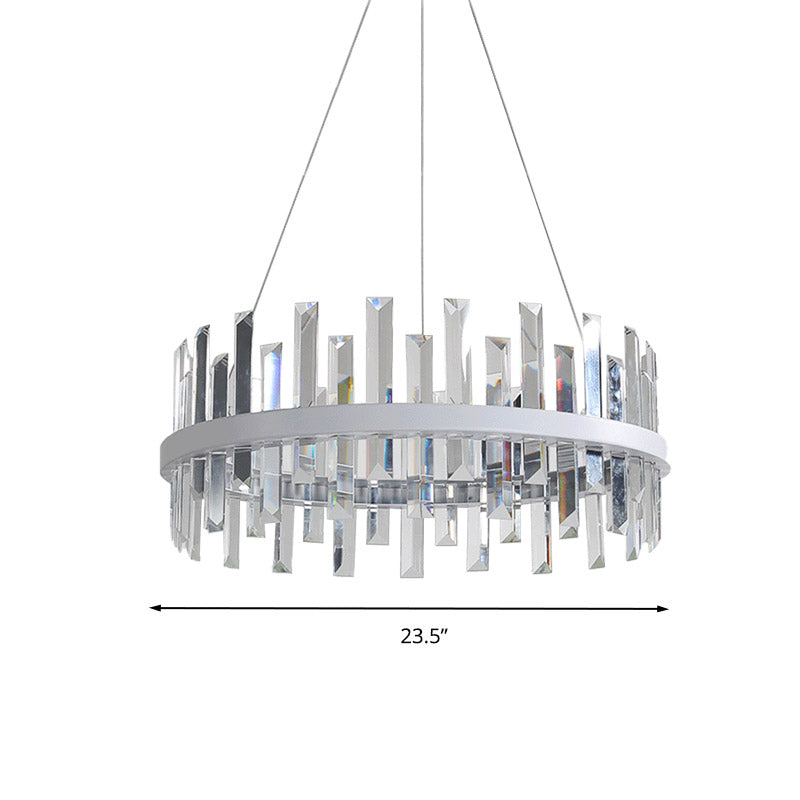 Modern Circular Pendant Ceiling Light with Rectangle-Cut Crystal - Black/White LED Chandelier Lamp in Warm Light, 23.5"/31.5" Wide