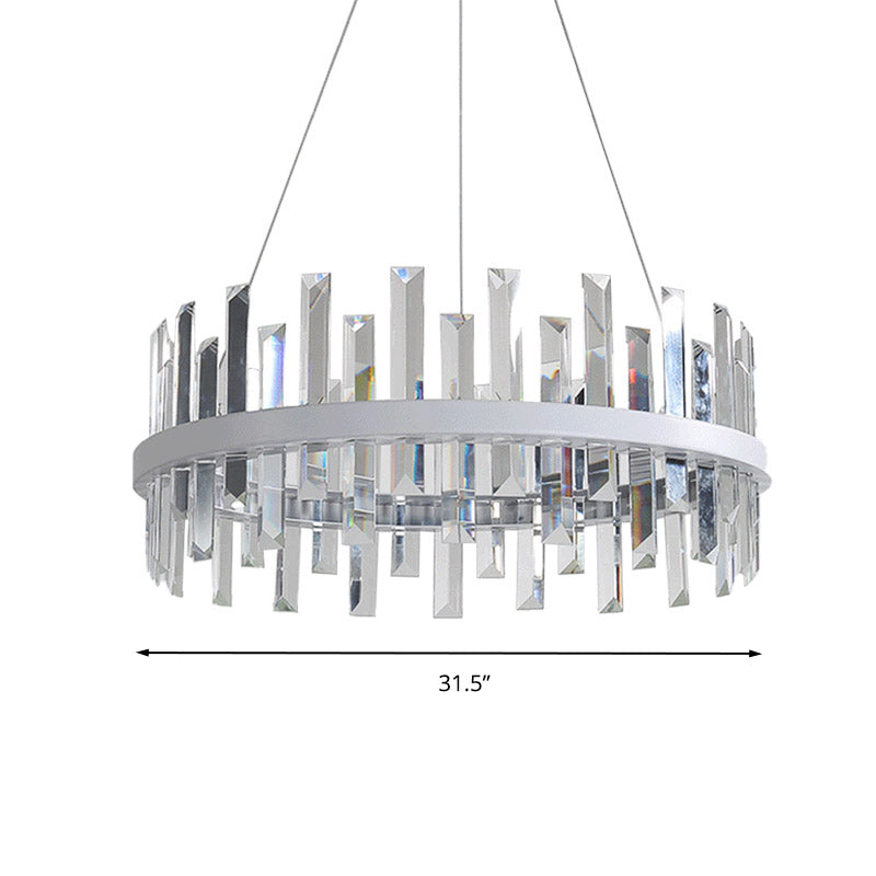 Modern Circular Pendant Ceiling Light with Rectangle-Cut Crystal - Black/White LED Chandelier Lamp in Warm Light, 23.5"/31.5" Wide