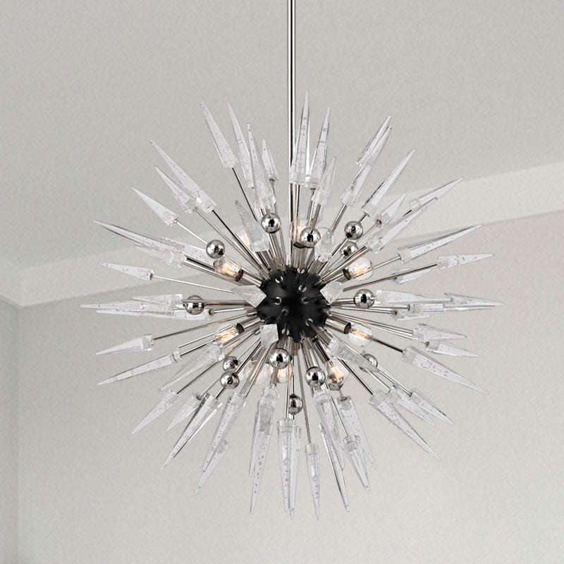 Modern 9 Lights Clear Crystal Starburst Chandelier Lighting Silver Hanging Pendant for Restaurant