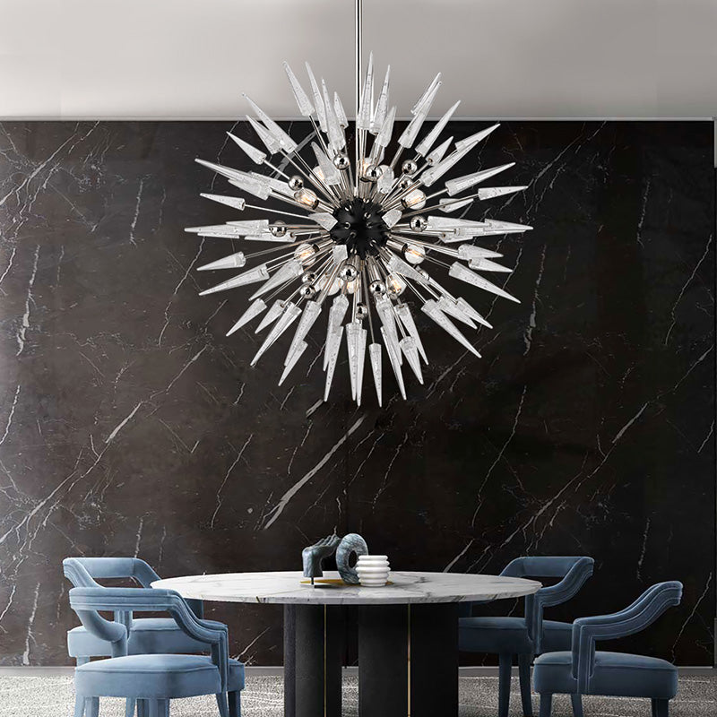 Modern 9 Lights Clear Crystal Starburst Chandelier Lighting Silver Hanging Pendant for Restaurant