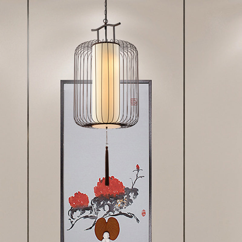 White/Red Lantern Pendant Lighting Fixture Classic Fabric 10"/12"/14" Wide 1 Light Tea Room Suspension Lamp Clearhalo 'Ceiling Lights' 'Pendant Lights' 'Pendants' Lighting' 286248