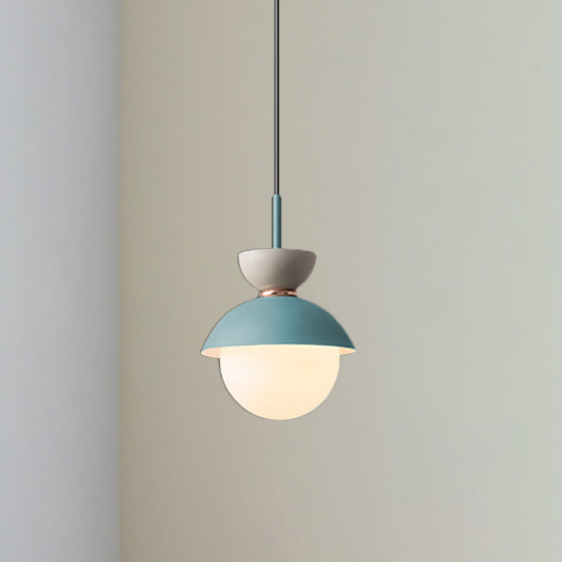 Hourglass Pendant Light Macaron Metal 1 Light Dark Blue and Gray/Dark Blue and Pink/Dark Blue and Pink Hanging Light with Globe White Glass Shade Dark Blue Pink Clearhalo 'Ceiling Lights' 'Modern Pendants' 'Modern' 'Pendant Lights' 'Pendants' Lighting' 290500