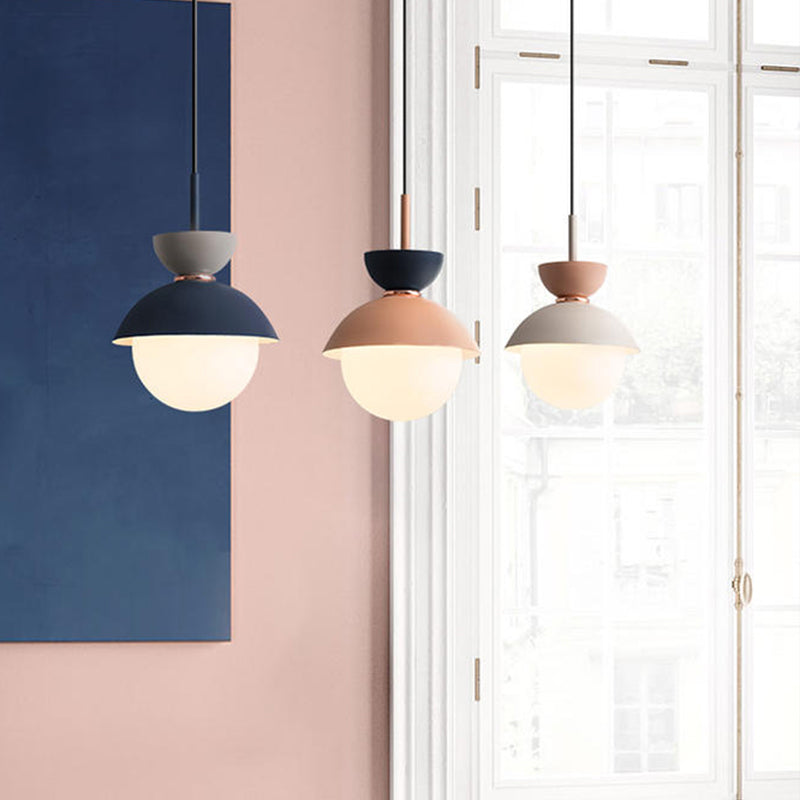 Taavita Pendant Light Macaron Metal 1 Light Dark Blue and Gray/Dark Blue and Pink Hanging Light with Gray Light Blue Navy Pink Glass Shade