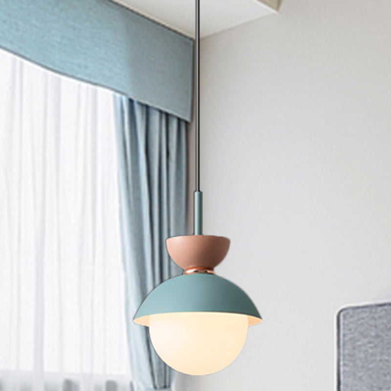 Hourglass Pendant Light Macaron Metal 1 Light Dark Blue and Gray/Dark Blue and Pink/Dark Blue and Pink Hanging Light with Globe White Glass Shade Clearhalo 'Ceiling Lights' 'Modern Pendants' 'Modern' 'Pendant Lights' 'Pendants' Lighting' 290472