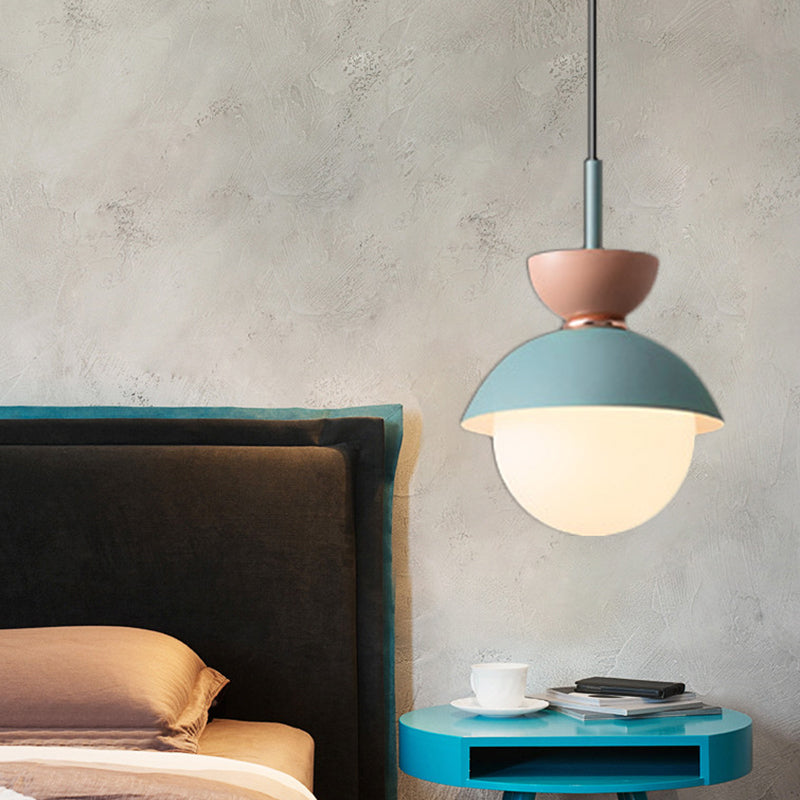 Taavita Pendant Light Macaron Metal 1 Light Dark Blue and Gray/Dark Blue and Pink Hanging Light with Gray Light Blue Navy Pink Glass Shade