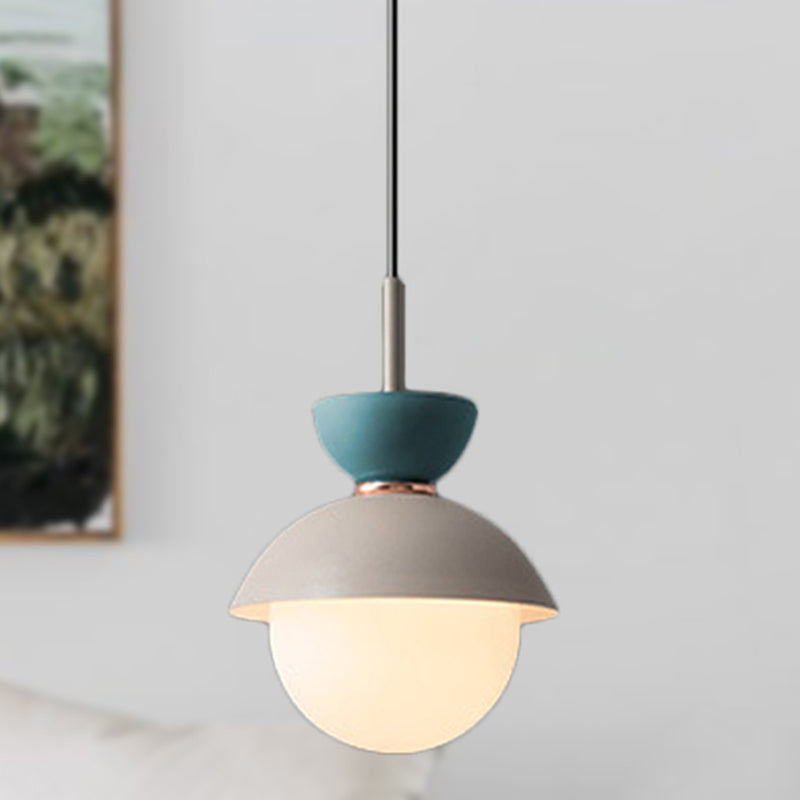 Hourglass Pendant Light Macaron Metal 1 Light Dark Blue and Gray/Dark Blue and Pink/Dark Blue and Pink Hanging Light with Globe White Glass Shade Grey Pink Clearhalo 'Ceiling Lights' 'Modern Pendants' 'Modern' 'Pendant Lights' 'Pendants' Lighting' 290464