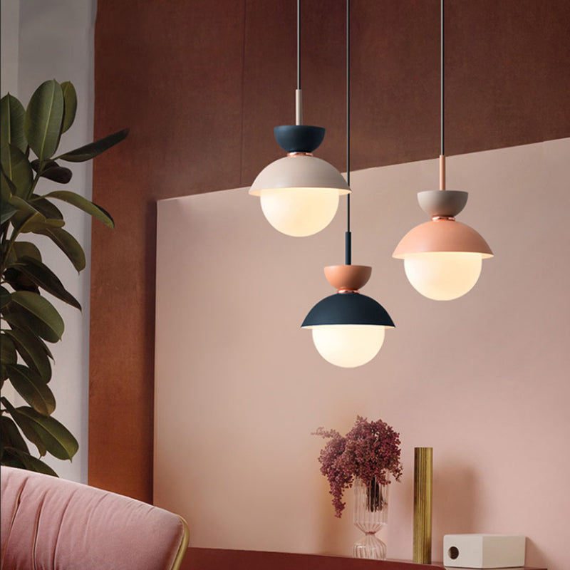 Taavita Pendant Light Macaron Metal 1 Light Dark Blue and Gray/Dark Blue and Pink Hanging Light with Gray Light Blue Navy Pink Glass Shade