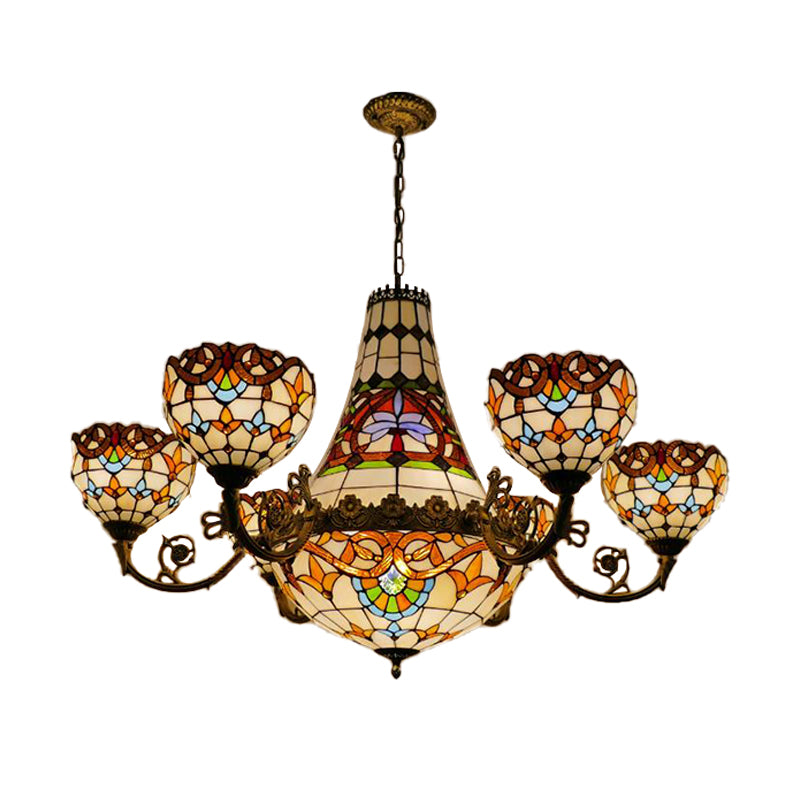 11/13 Lights Taavita Brass Down Lighting Dining Room Pendant Chandelier with Dome Stained Glass Shade, 39"/47" Wide