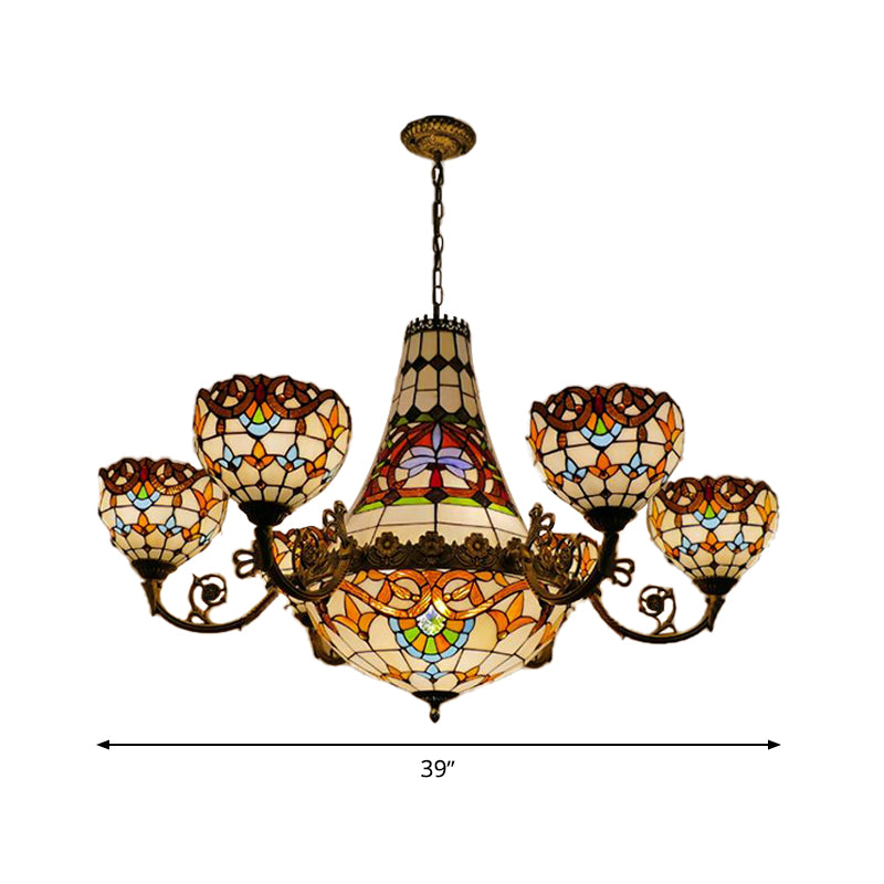 11/13 Lights Taavita Brass Down Lighting Dining Room Pendant Chandelier with Dome Stained Glass Shade, 39"/47" Wide