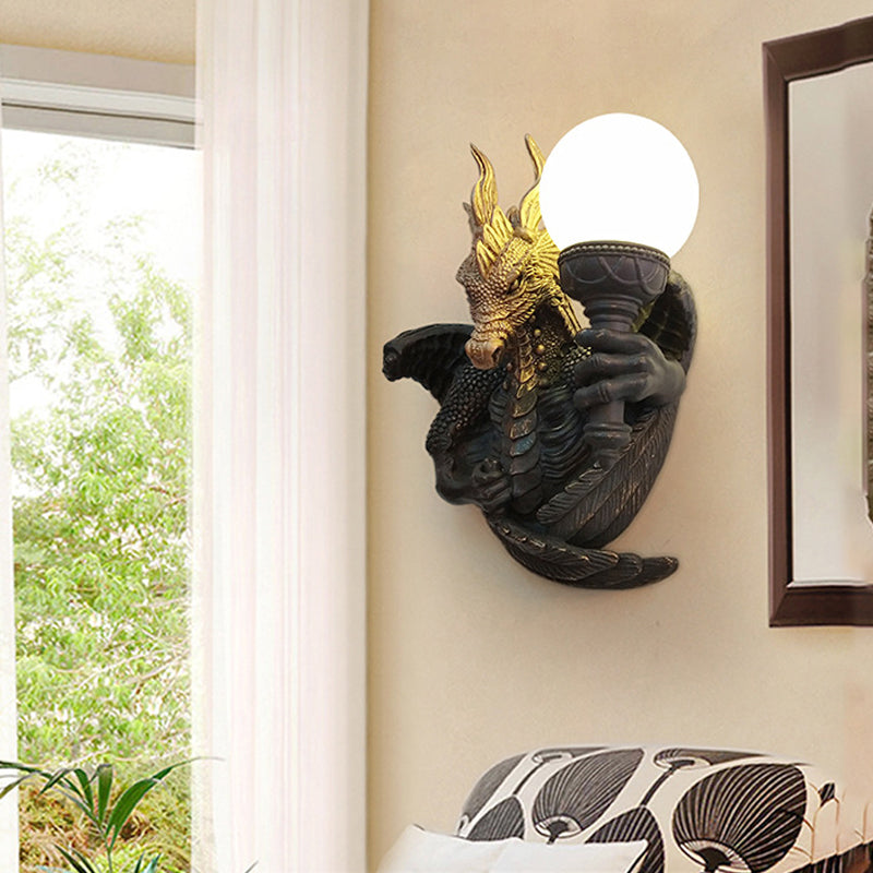 Taavita Cream Glass Black Wall Lamp Globe 1 Bulb Traditional Sconce Light Fixture with Dragon-Shaped Resin Backplate